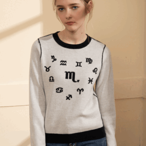 100% cashmere two-colour jacquard knitted pullover with zodiac pattern