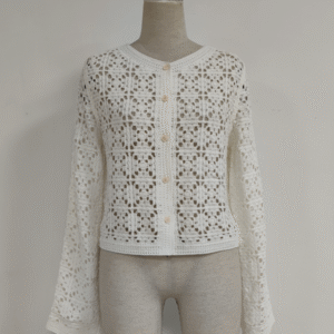 Women's Floral Pattern Crochet Sweater Crew Neck Hand Crochet Sweater Button up Cardigans