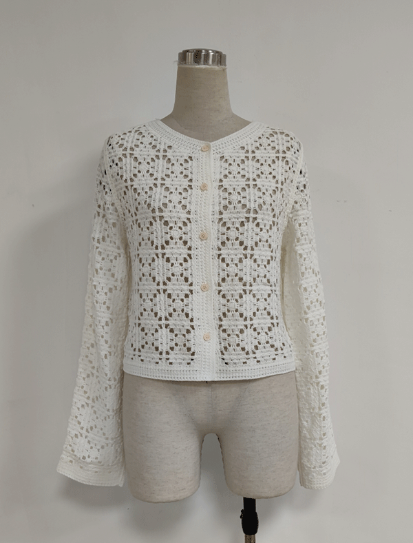 Women's Floral Pattern Crochet Sweater Crew Neck Hand Crochet Sweater Button up Cardigans