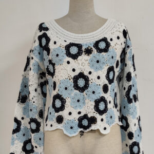 Women French-Style Floral Embroidered Color-Block Knitted Hollow-Out O-neck Pullover Long-Sleeve Sexy Slim-Fit Breathable Short Casual